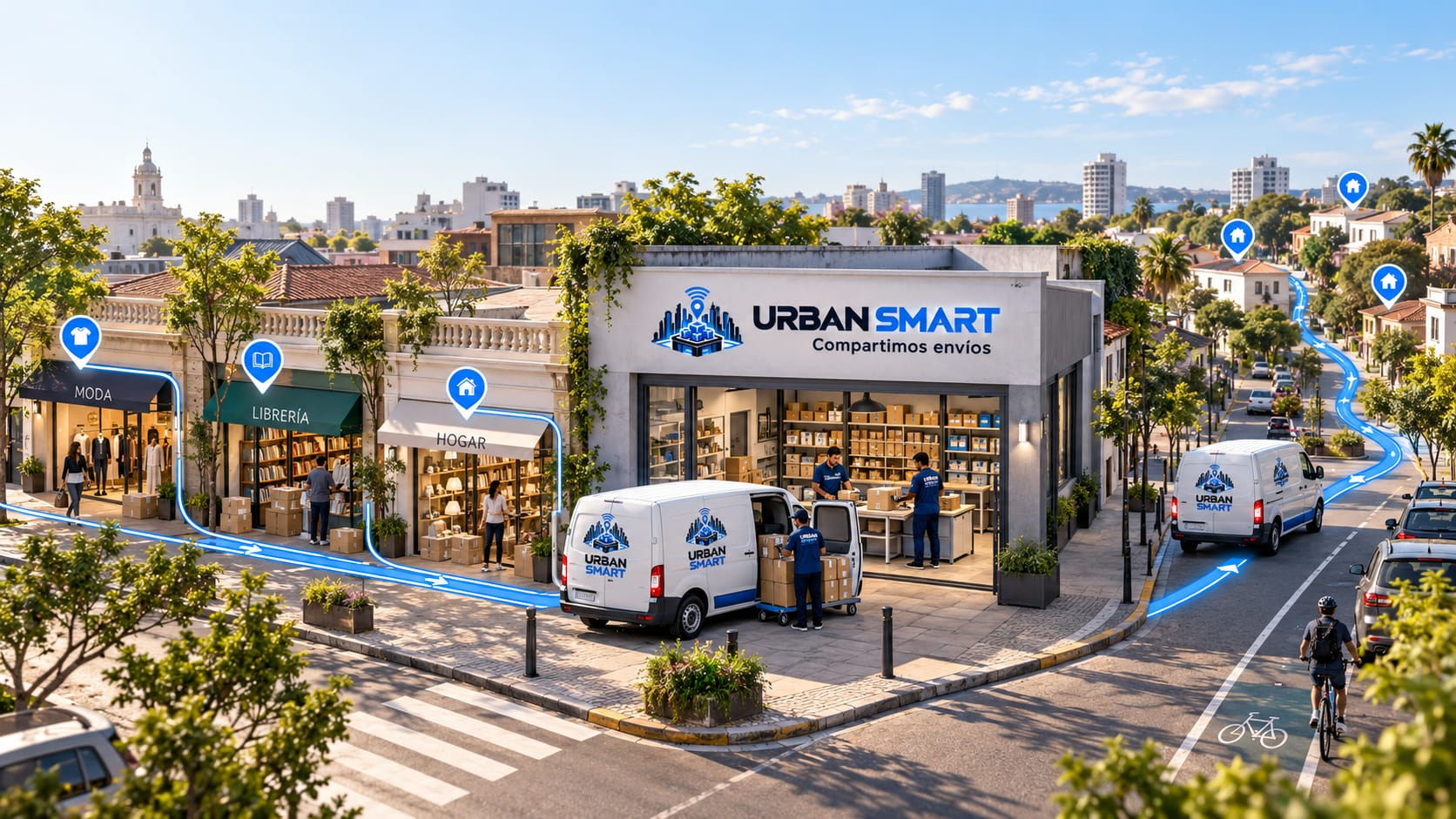 Comercios de barrio conectados con el centro de Urban Smart y una ruta compartida hacia varios destinos.